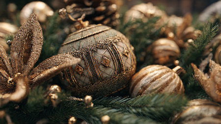 Christmas decoration on the branches of a Christmas tree. Close-up.の写真素材