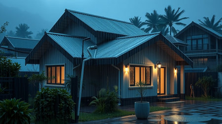 3D rendering of a wooden house in the garden at night.の写真素材