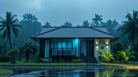 3d rendering of house in the rain with coconut tree background.の写真素材