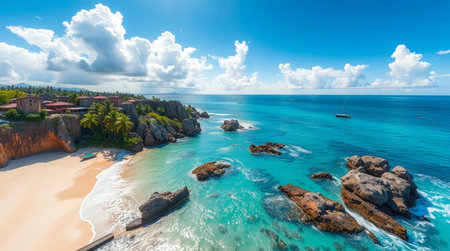 Aerial view of beautiful beach with turquoise water, rocks and palm trees in paradise island