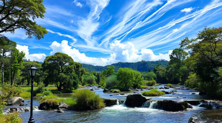 Beautiful view of the river and the blue sky with white cloudsの写真素材