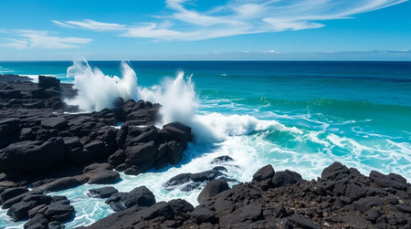 Waves crashing on black lava rocks on Maui island, Hawaii