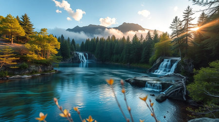 Autumn landscape with a waterfall in the mountains at sunset. The concept of active and ecological tourismの写真素材