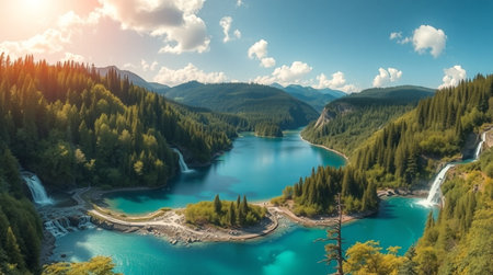 Panoramic aerial view of turquoise water of emerald green mountain lake surrounded by forest and...