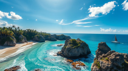 Panoramic aerial view of beautiful beach with white sand, turquoise ocean and blue sky with white...
