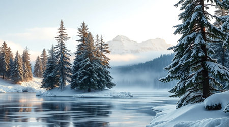 Beautiful winter landscape with snow covered fir trees and lake in the mountainsの写真素材