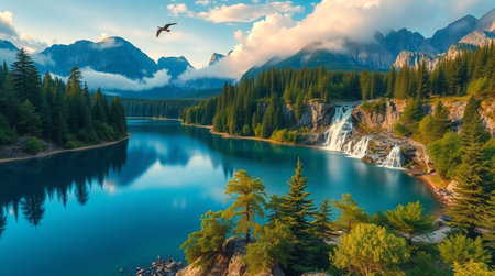 Fantastic panorama of the mountain lake. Dramatic and picturesque scene.
