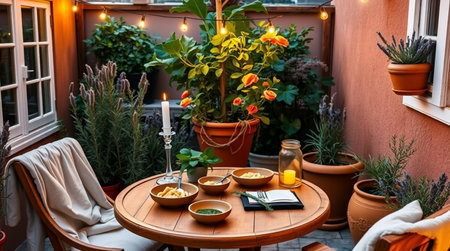 Table setting in a cozy terrace of a restaurant. Food and drinks.