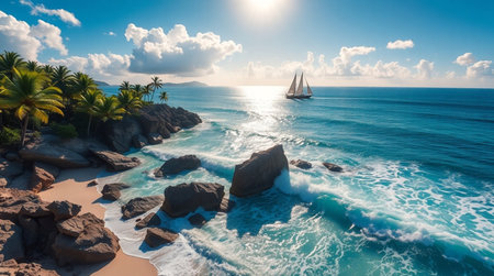 Aerial view of beautiful tropical beach with palm trees and yacht at sunset