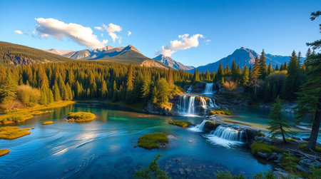 Mountain landscape with turquoise water and waterfall in Banff National Park, Canadaの写真素材