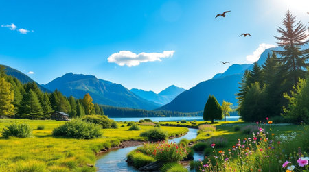 Beautiful summer landscape with mountain lake, forest and blue sky.