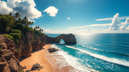 Beautiful panoramic view of the famous Ponta Delgada beach in Lagos, Portugalの写真素材