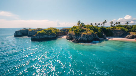 Aerial view of beautiful tropical beach with turquoise water and coconut palm trees at sunny dayの写真素材