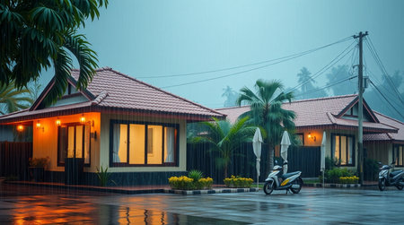 Vintage house in the rain with a scooter and palm trees.