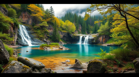 Mountain river and waterfall in the autumn forest. Panoramic view