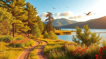 Beautiful summer landscape with lake and mountains. 3d illustration.