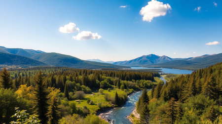 Mountain landscape with a river and forest in the foreground, Siberia, Russia