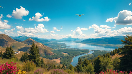 Beautiful view of the lake in the mountains in the summer.の写真素材