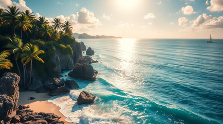 Panorama of beautiful tropical beach with palm trees, rocks and sea at sunsetの写真素材