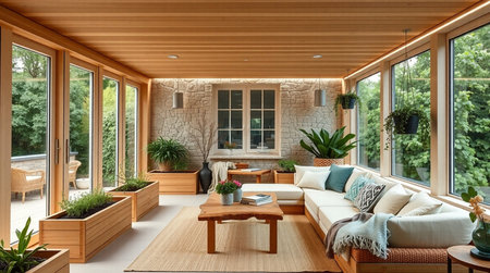 Interior of modern house, living room with wooden furniture and garden view