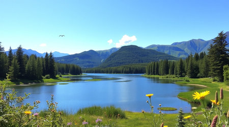 Lake in the mountains. Summer landscape with lake in the mountains.