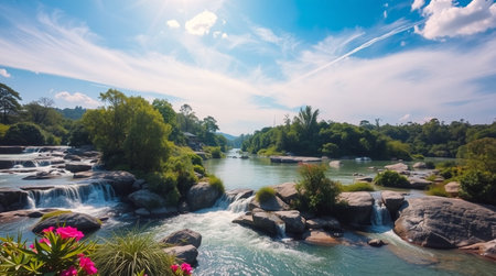 Panoramic view of waterfall in national park, Phuket, Thailandの写真素材