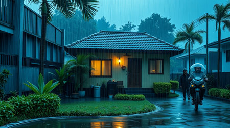 Night view of a motorcyclist riding on the road in the rainの写真素材