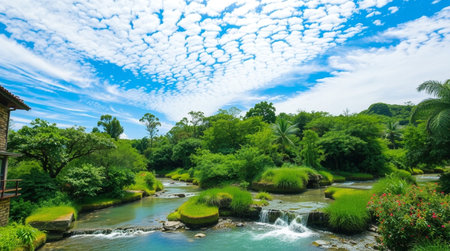 Landscape view of the beautiful tropical garden with waterfalls in Thailand