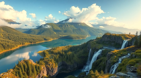 Beautiful alpine lake with waterfall in the mountains at sunset.