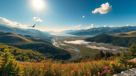 Beautiful panoramic view of the mountain valley and river.
