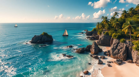 Aerial view of beautiful tropical beach with palm trees and sailing boats. Seascape with sand and rocks.の写真素材