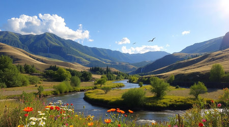 Landscape with river and mountains in Kyrgyzstan, Central Asia