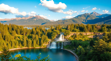 Aerial view of a beautiful waterfall and lake surrounded by mountains and forests.