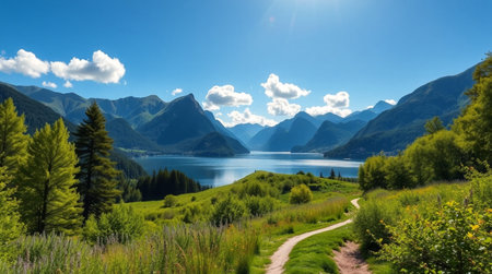 Panoramic view of the lake and mountains. Beautiful summer landscape.