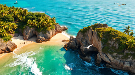 Aerial view of beautiful tropical beach with palm trees and turquoise ocean water