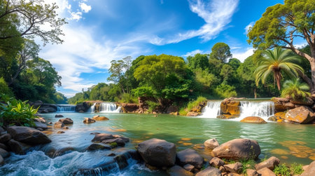 Panorama of waterfall with blue sky and green trees in tropical forestの写真素材