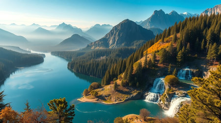 Beautiful panoramic view of the lake and mountains in autumn