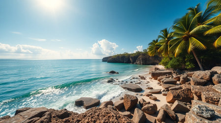 Tropical beach with palm trees and rocks. Panoramic view