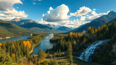 Panoramic view of alpine lake in autumn, Canada.