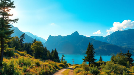Panoramic view of a lake surrounded by mountainsの写真素材