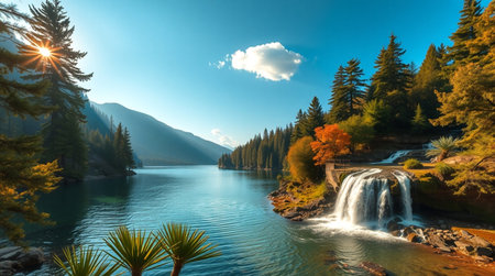 Beautiful autumn landscape with lake and waterfall in the mountains at sunset