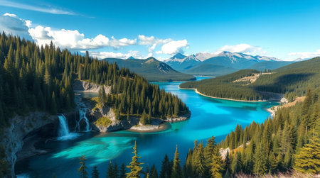 Panoramic view of turquoise lake in Canadian Rockies.の写真素材