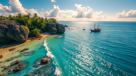 Aerial view of beautiful tropical beach with palm trees, blue sea and boat.