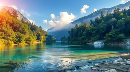 Beautiful summer landscape with alpine lake and forest in mountains.