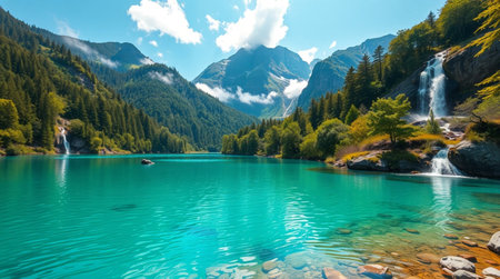 Beautiful alpine lake with clear turquoise water and mountains in background