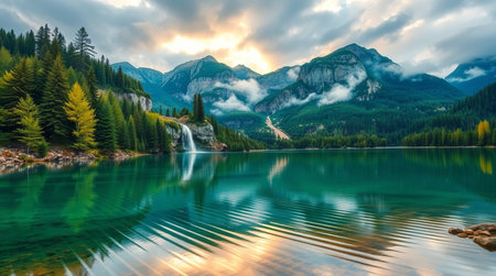 Fantastic view of alpine lake Strbske pleso at sunset, Slovakia