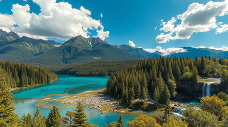 Panoramic view of turquoise lake and high mountains.の写真素材