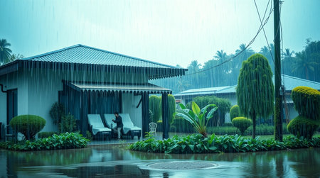 Tropical garden with umbrella and chair in the rain, Thailand.の写真素材