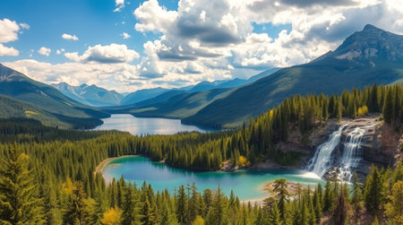 Aerial panoramic view of a lake in a national park, Alberta, Canadaの写真素材