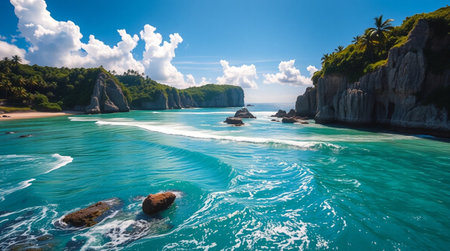 Beautiful seascape with turquoise sea and rocks. Panoramic view